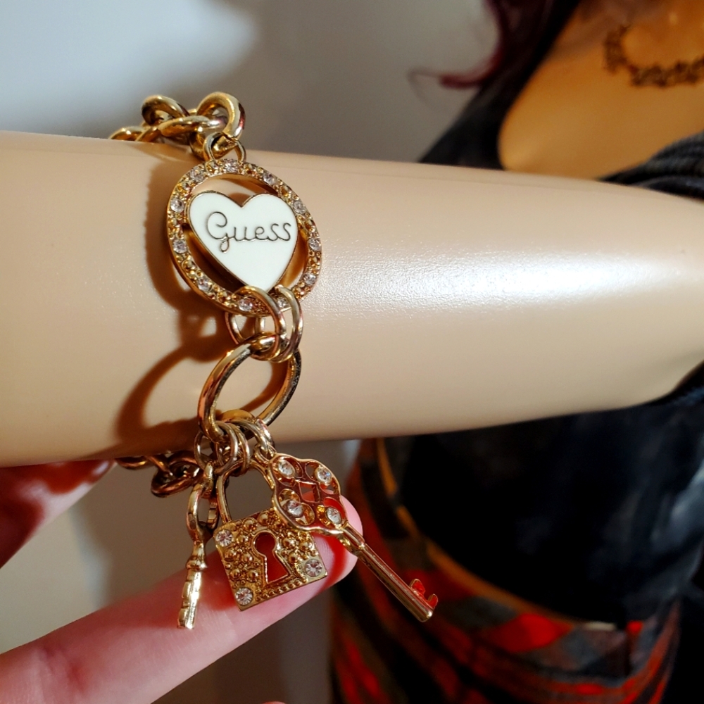 Guess Heart Lock & Key Rhinestone Bracelet or Keychain